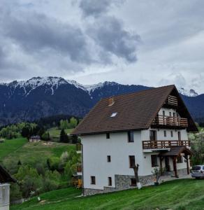 una gran casa blanca con montañas en el fondo en Casa Calea Haiducilor en Sohodol