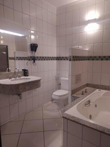 a bathroom with a toilet and a sink and a tub at Transamerica Araraquara in Araraquara