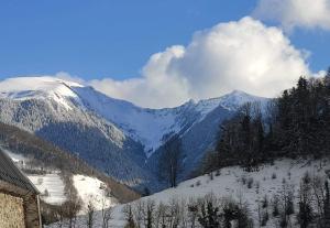 a snow covered mountain range with trees and a building at Le chalet des nounours in Boutx