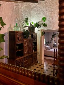Pokój z drewnianą szafką z roślinami w obiekcie La Tahona (Cortijo Andaluz en las montañas) w mieście Almogía