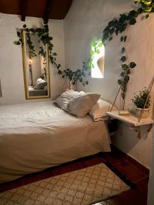 sypialnia z łóżkiem z lustrem na ścianie w obiekcie La Tahona (Cortijo Andaluz en las montañas) w mieście Almogía