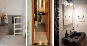 two views of a small bathroom with a sink and a staircase at Apto aconchegante e familiar em BC in Balneário Camboriú +112 photos