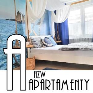 a bedroom with a bed on a boat in the water at Wera - klimatyczny apartament 300 m od plaży Brzeźno - AZW Gdańsk in Gdańsk