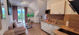 eine Küche und ein Wohnzimmer mit einem Sofa und einem Tisch in der Unterkunft Kolorowe Cieplice - Apartamenty z widokiem na Karkonosze in Jelenia Góra