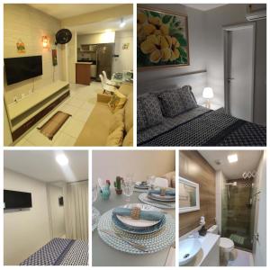 eine Collage mit Bildern eines Wohnzimmers und einer Küche in der Unterkunft Maraújosflat, Porto de Galinhas in Porto De Galinhas