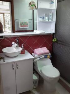 uma casa de banho com um WC branco e um lavatório. em Preciosa casa de descanso a 10 min de Villa de Leyva em Sutamarchán