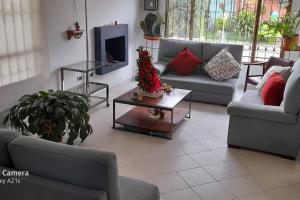uma sala de estar com sofás e uma árvore de Natal em Preciosa casa de descanso a 10 min de Villa de Leyva em Sutamarchán