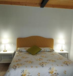 ein Bett mit einem grünen Kissen darauf mit zwei Lampen in der Unterkunft Casa Elisa affittacamere in Armeno