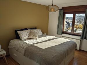 a bedroom with a large bed with a window at la trottinette vakantiehuis voor 5 tot 11 gasten vlakbij de Semois in Florenville