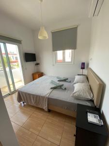 a bedroom with a bed and a desk and a window at Villa Diana - 200 meters from Kapparis, Fireman's Beach in Paralimni