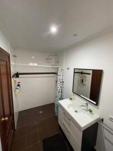 a bathroom with a sink and a shower and a mirror at Casa Chan do Eiro in Nigrán