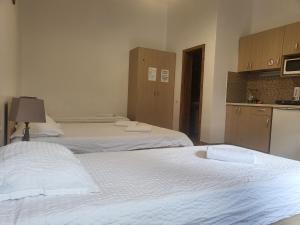 una camera d'albergo con due letti e una cucina di Casa Rezidentiala Aria a Cluj-Napoca