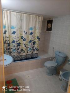 a bathroom with a toilet and a shower curtain at Decapolis in Irbid