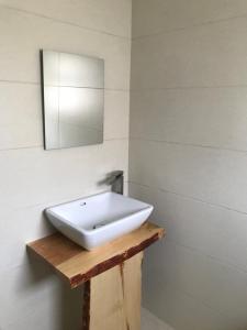 uma casa de banho com um lavatório branco e um espelho. em TE BUJTINA HOTEL em Golem