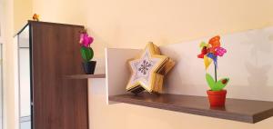 a shelf with a star and some flowers on it at Silistra Street Apartments in Burgas