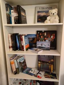 a book shelf filled with books and a teddy bear at Studio White Bears in Akureyri