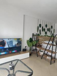 sala de estar con TV de pantalla plana y sofá en Φρίντα στο κέντρο της Ορεστιάδας, en Orestiada