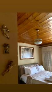 吉諾卡斯特的住宿－Marko's House，一间卧室设有一张床和木制天花板