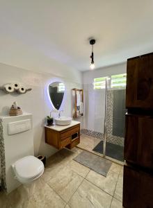 y baño con aseo, lavabo y ducha. en Ti bwa Lodge, en Capesterre-Belle-Eau