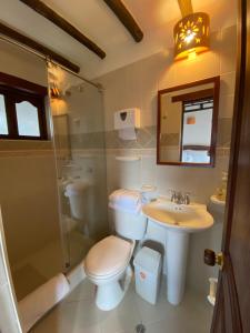 a bathroom with a toilet and a sink and a shower at Cabañas Sol y Luna in Villa de Leyva +59 photos