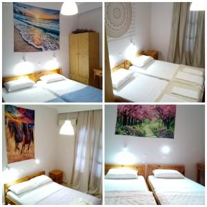 a collage of four pictures of a bedroom at Studios Thomas in Limenaria