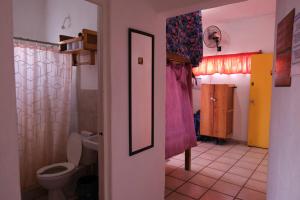 a bathroom with a toilet and a shower curtain at Hostel Casa Esterito in La Paz