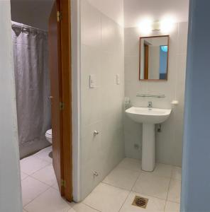 ein Badezimmer mit einem Waschbecken, einem WC und einem Spiegel in der Unterkunft Las Tejuelas Hosteria Patagonica in El Bolsón