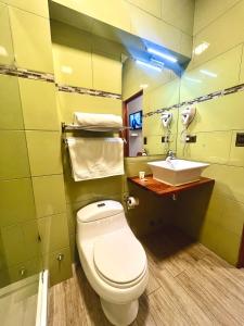 a bathroom with a white toilet and a sink at HOTEL BOUTIQUE CASA NOBLE SPA in Santiago