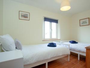 1 dormitorio con 2 camas y ventana en Meadow Pit Cottage en Topsham