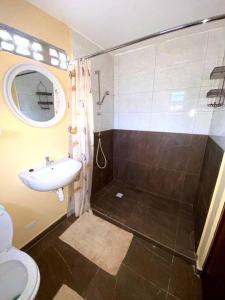 a bathroom with a shower and a toilet and a sink at Cheerful 2-bedroom home with patio near city center in Willemstad