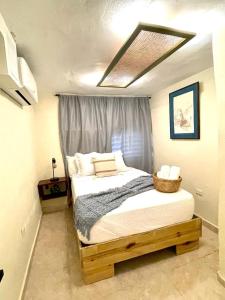 um quarto com uma cama grande e uma janela em Studio 27 Colonial, Centro Histórico em Santo Domingo