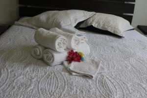 einen Haufen Handtücher und Handtücher auf einem Bett in der Unterkunft Le Colibri et le Frangipanier in La Trinité