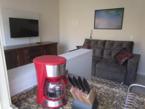 a living room with a red blender in front of a couch at Apartamento Das Flores in Gramado +5 photos