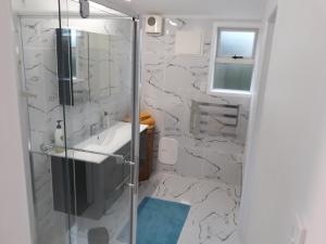 a bathroom with a shower and a sink at Garden studio in Motueka