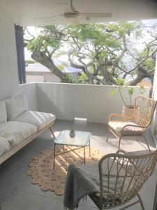 a living room with a couch and chairs and a tree at Unit 3 - Manly Boutique Apartments in Brisbane