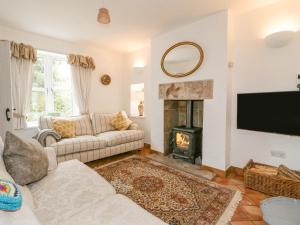a living room with a couch and a fireplace at Highfield House in Leek