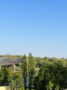 a bridge over a river with trees in the background at Art Apartment in Toruń