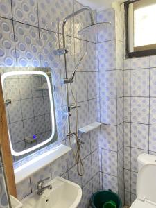 a bathroom with a shower and a sink and a mirror at N-E Studio meublé 2 in Douala +3 photos