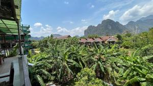 una vista de una granja con montañas en el fondo en Domon Riverside Hotel, en Vang Vieng