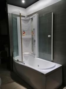 ein Badezimmer mit einer Dusche und einer weißen Badewanne in der Unterkunft Heraclea Home in Roseto Capo Spulico