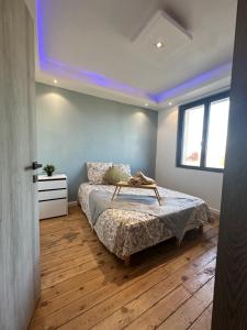 1 dormitorio con 1 cama y techo azul en Agréable Maison avec jacuzzi en Maisdon-sur-Sèvre