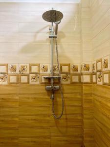 a shower in a bathroom withanimal pictures on the wall at Sigiriya Green Garden Homestay in Sigiriya
