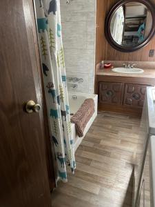 ein Badezimmer mit einer Badewanne, einem Waschbecken und einem Spiegel in der Unterkunft Grandma's Home in the Woods. Yellowstone in Island Park