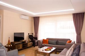 a living room with two couches and a television at Flamingo Residence in Antalya