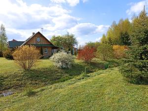Zielona Dolina في Lewkowo: منزل وسط ساحة فيها اشجار