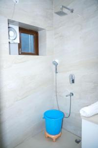 a blue bucket in a bathroom with a mirror at Divine India Service Apartment 2Bhk, 2A Saket in New Delhi