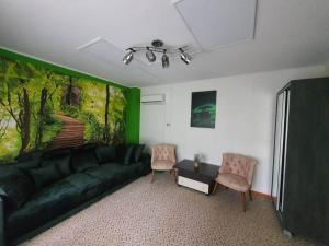 - un salon avec un canapé noir et deux chaises dans l'établissement Magic Home, à Slănic