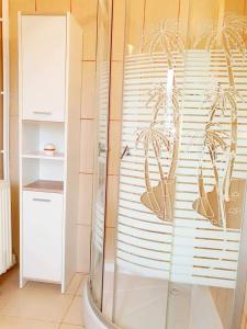 een badkamer met een douche en een glazen deur bij Ultima Frontiera- Dunavatu de Jos in Dunavăţu de Jos