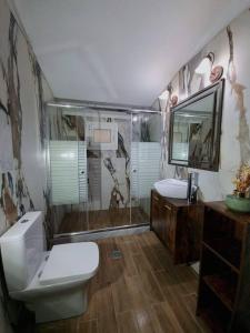 a bathroom with a toilet and a shower and a sink at Night Flower Villa in Kato Korakiana