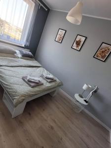 um quarto com uma cama com um candeeiro e fotografias na parede em Apartament Słowińców 42 em Wejherowo